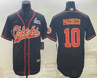 Mens Kansas City Chiefs #10 Isiah Pacheco Black With Super Bowl LVII Patch Cool Base Stitched Baseball Jersey